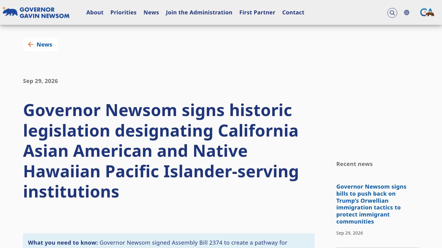 Governor Newsom signs historic legislation designating California Asian American and Native Hawaiian Pacific Islander-serving institutions