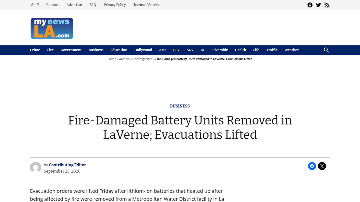 Fire-Damaged Battery Units Removed in LaVerne; Evacuations Lifted