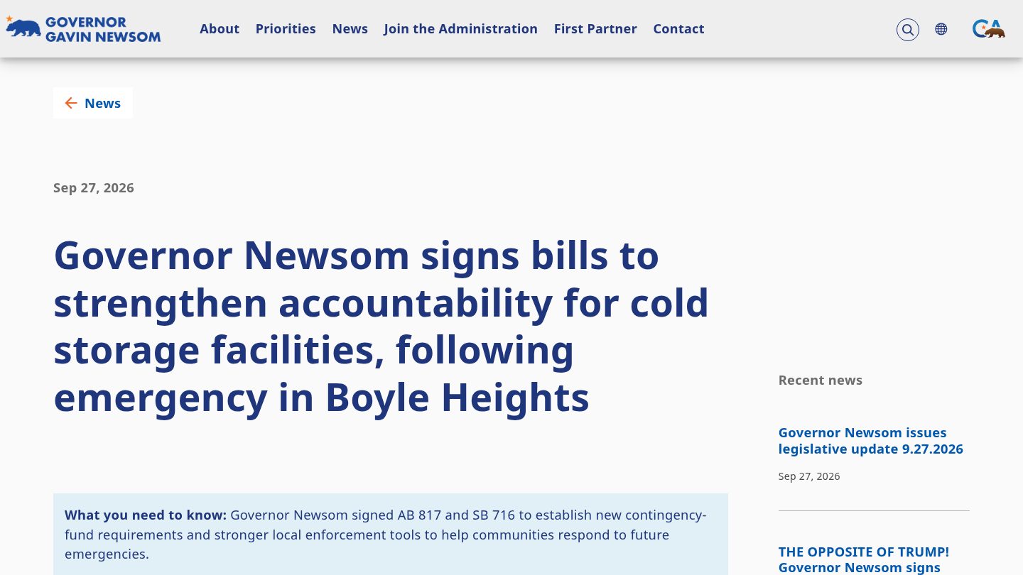 Governor Newsom signs bills to strengthen accountability for cold storage facilities, following emergency in Boyle Heights