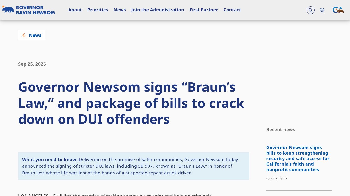 Governor Newsom signs "Braun's Law," and package of bills to crack down on DUI offenders