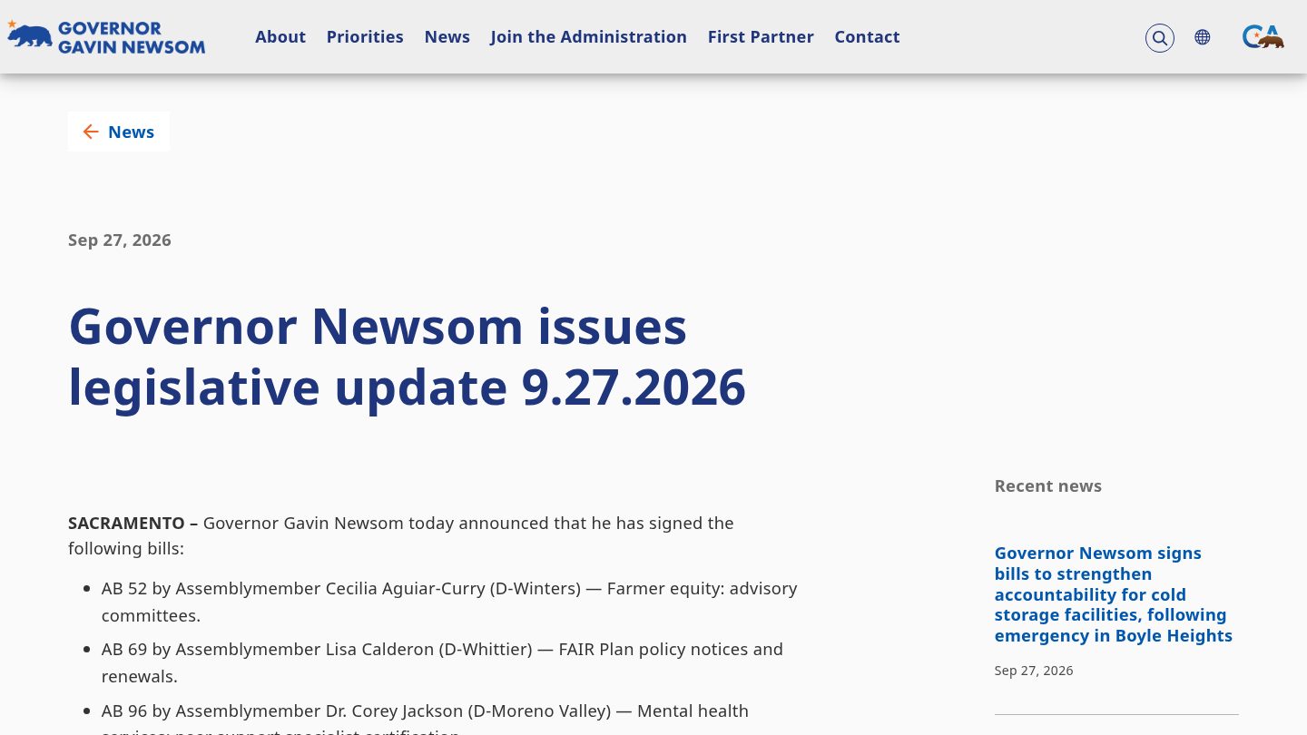 Governor Newsom issues legislative update 9.27.2026