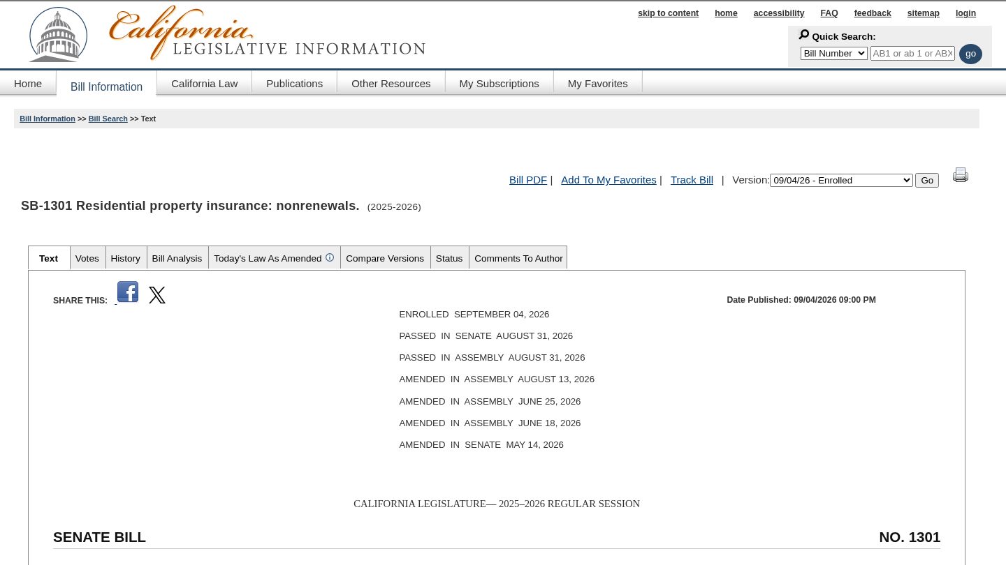 SB-1301 Residential property insurance: nonrenewals.