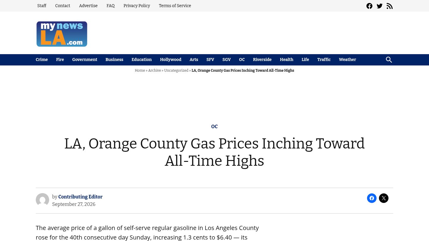 LA, Orange County Gas Prices Inching Toward All-Time Highs