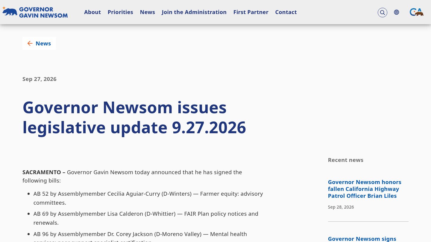 Governor Newsom issues legislative update 9.27.2026