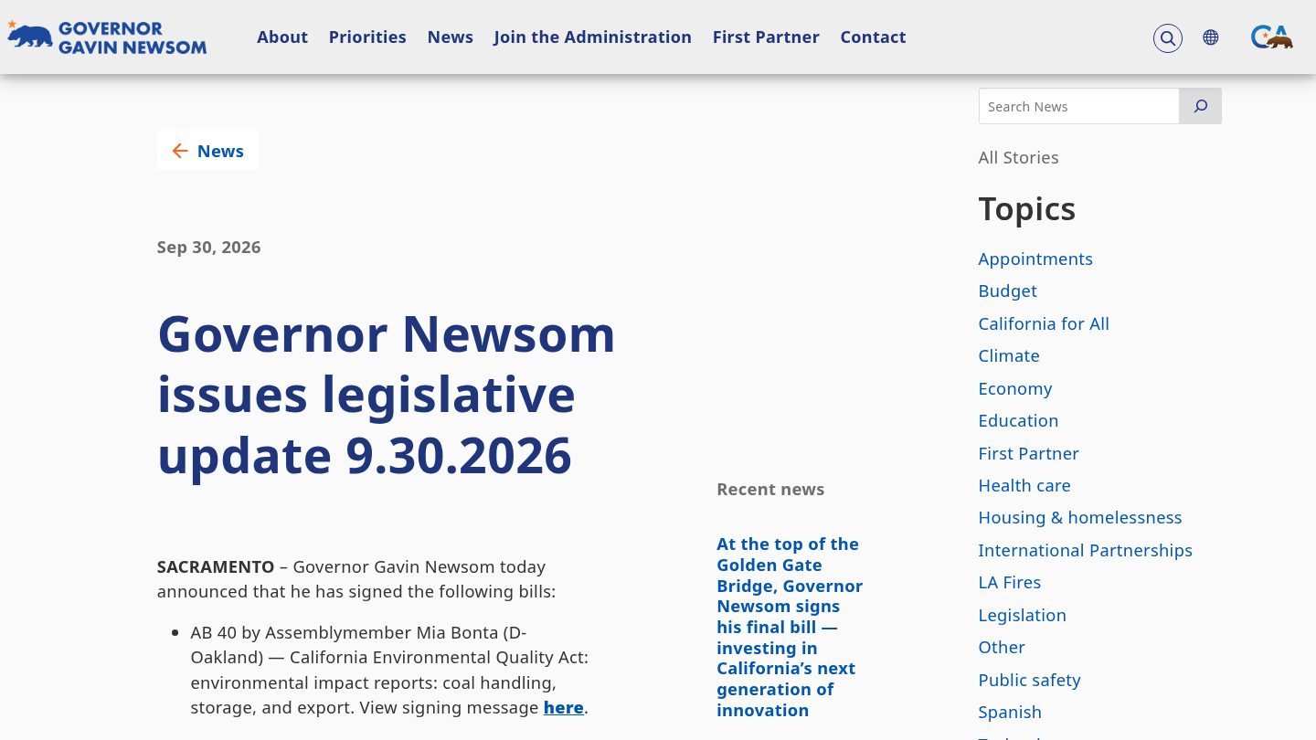 Governor Newsom issues legislative update 9.30.2026