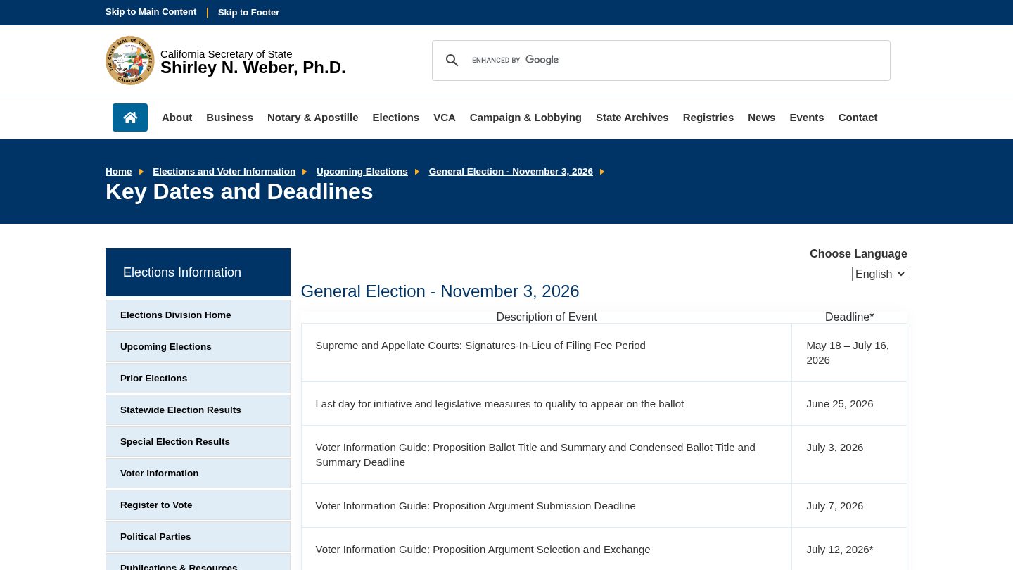 Key Dates and Deadlines: General Election - November 3, 2026