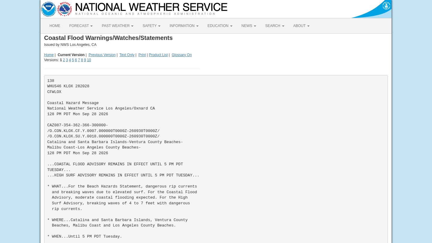 Coastal Hazard Message, National Weather Service Los Angeles/Oxnard CA