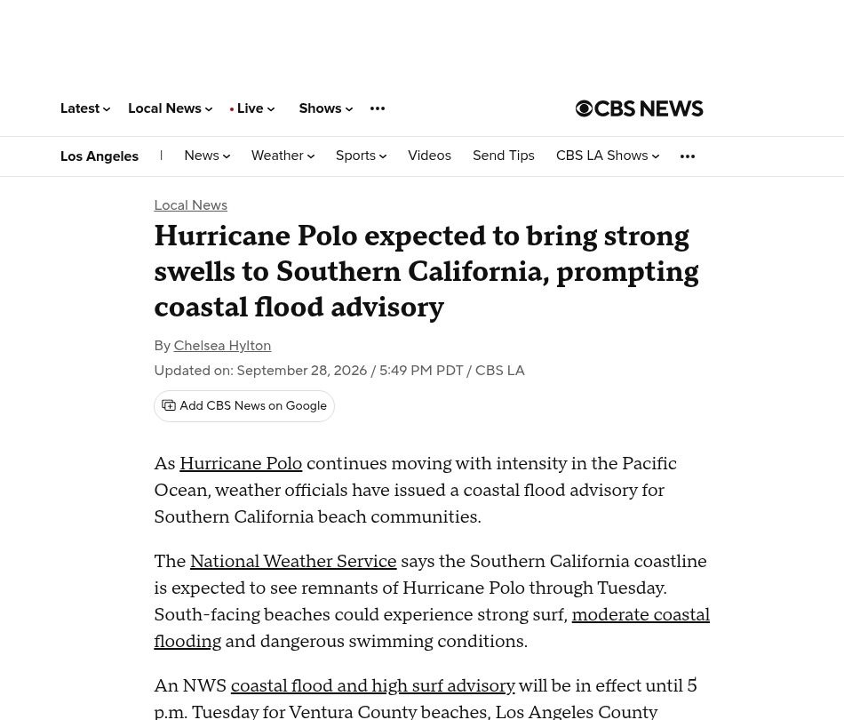 Hurricane Polo expected to bring strong swells to Southern California, prompting coastal flood advisory