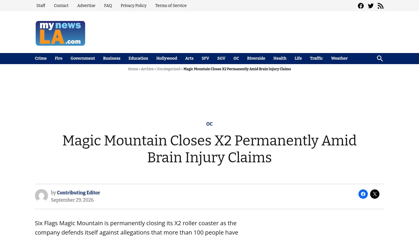 Magic Mountain Closes X2 Permanently Amid Brain Injury Claims