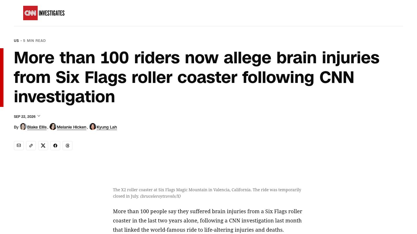 More than 100 riders now allege brain injuries from Six Flags roller coaster following CNN investigation