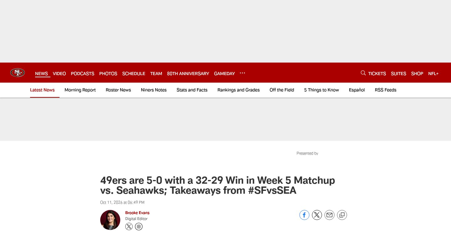 49ers are 5-0 with a 32-29 Win in Week 5 Matchup vs. Seahawks; Takeaways from #SFvsSEA