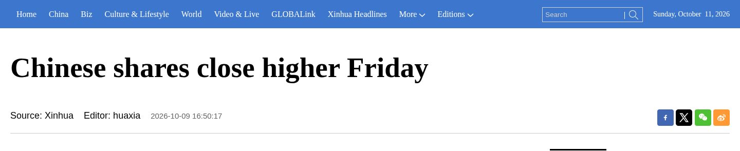 Chinese shares close higher Friday