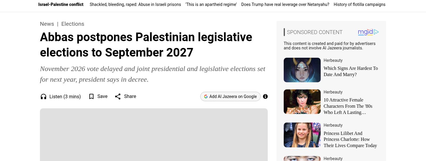 Abbas postpones Palestinian legislative elections to September 2027