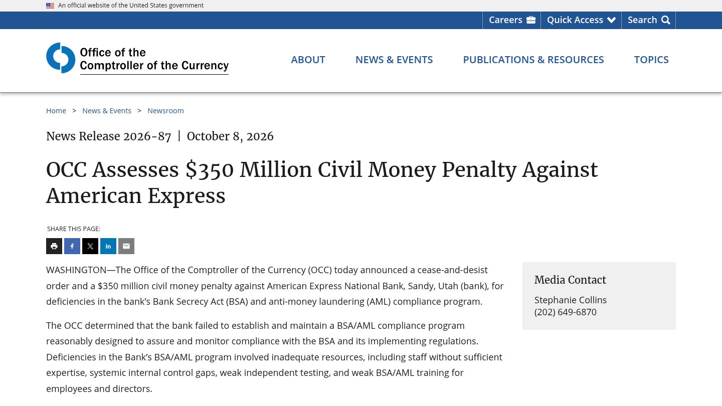 OCC Assesses $350 Million Civil Money Penalty Against American Express