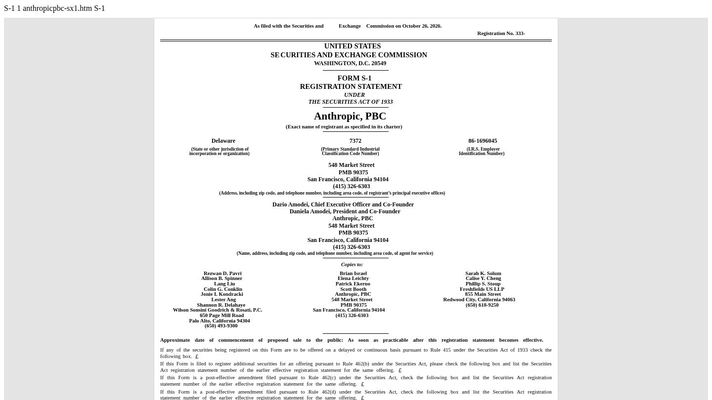 Anthropic PBC Form S-1