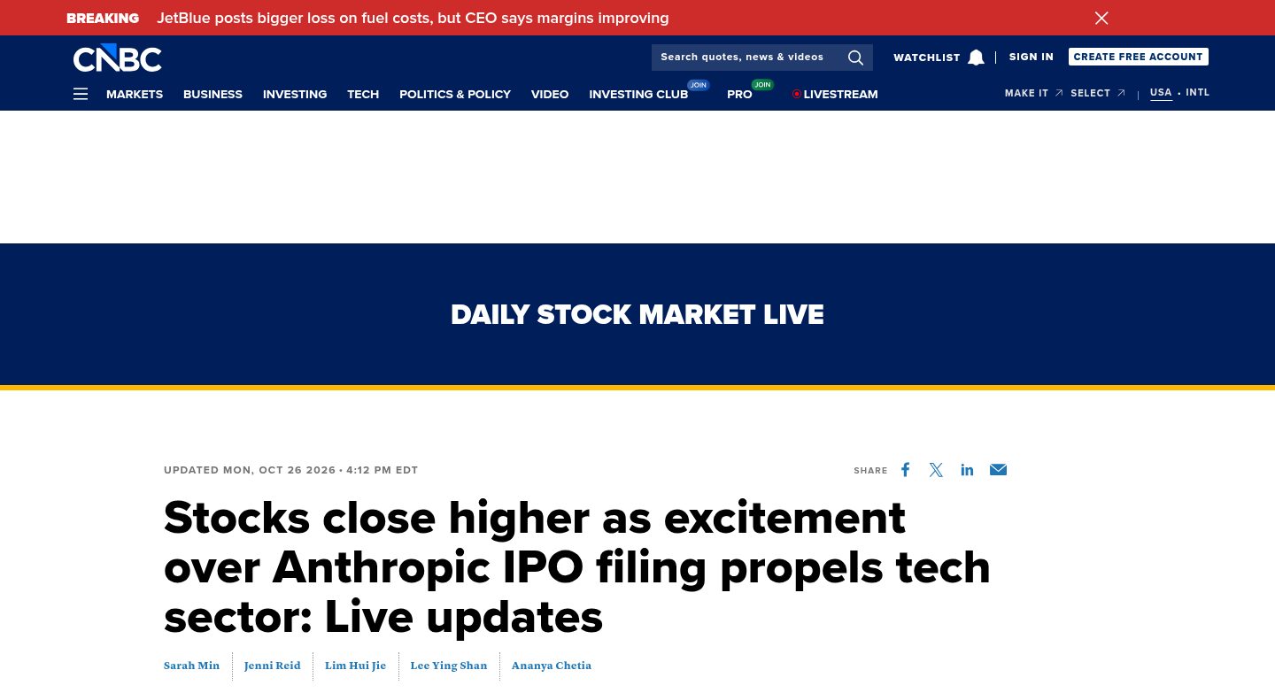 Stocks close higher as excitement over Anthropic IPO filing propels tech sector: Live updates