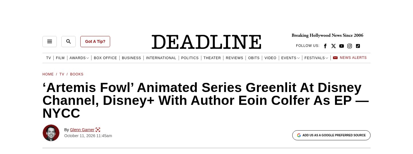 'Artemis Fowl' Animated Series Greenlit At Disney Channel, Disney+ With Author Eoin Colfer As EP — NYCC