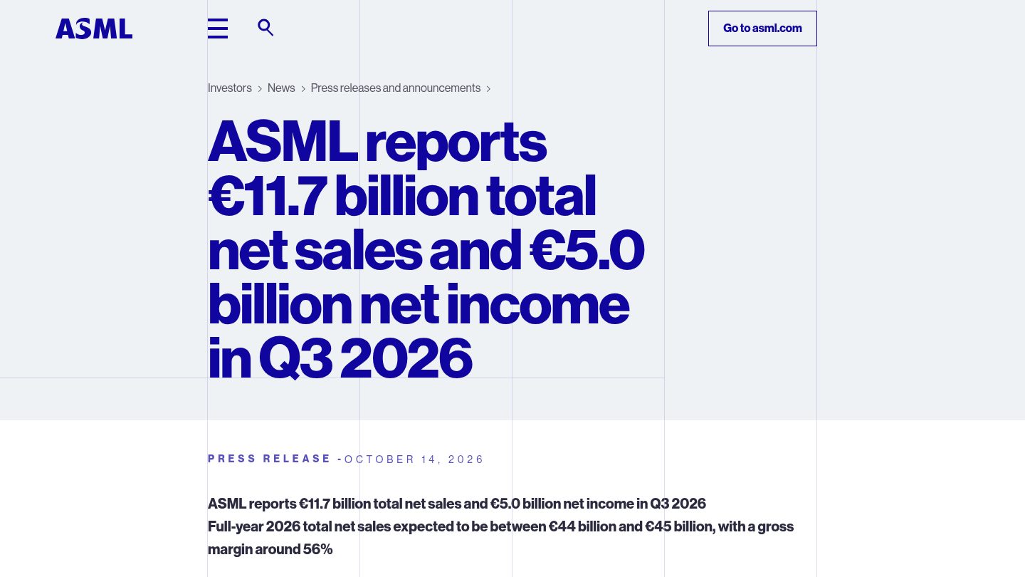 ASML reports €11.7 billion total net sales and €5.0 billion net income in Q3 2026