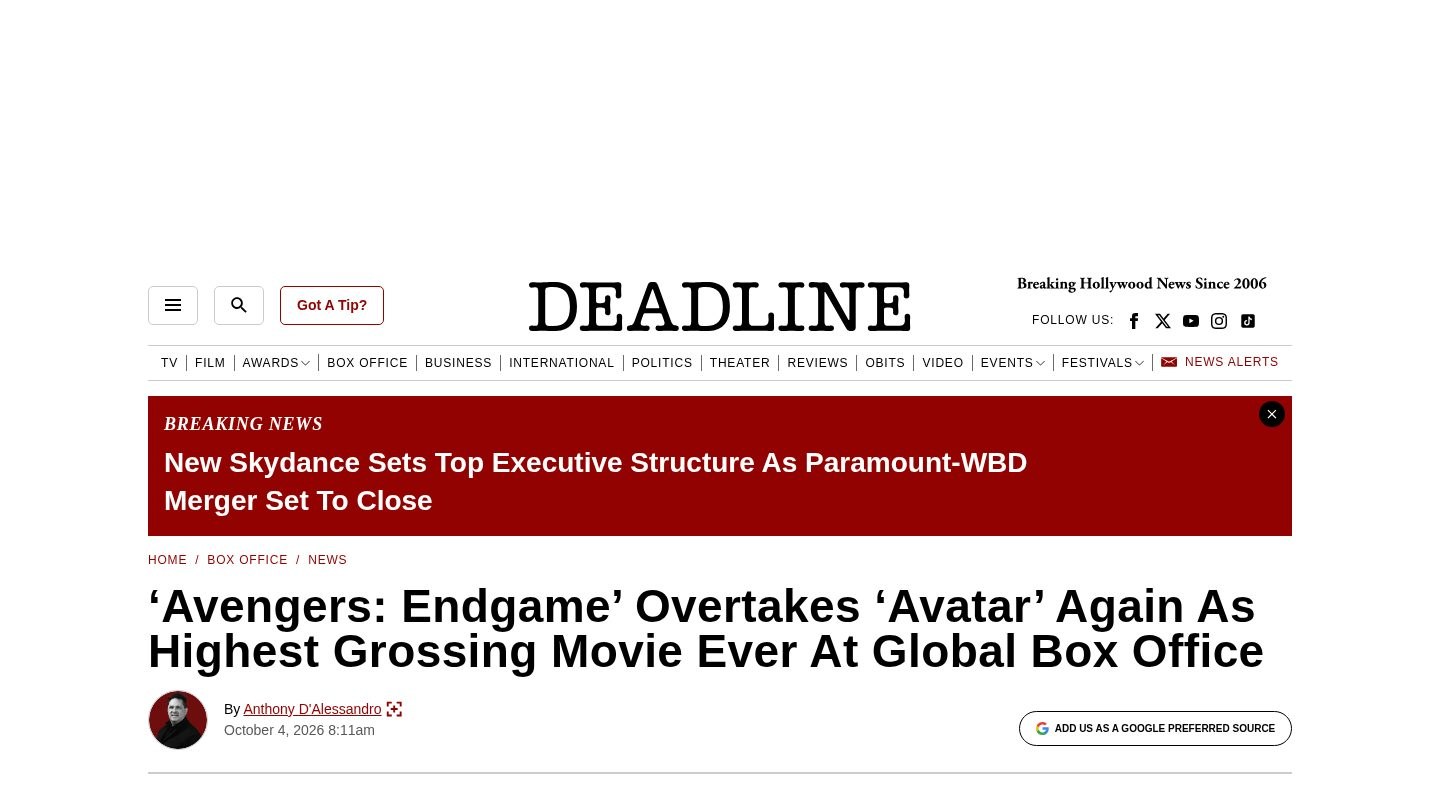 ‘Avengers: Endgame’ Overtakes ‘Avatar’ Again As Highest Grossing Movie Ever At Global Box Office