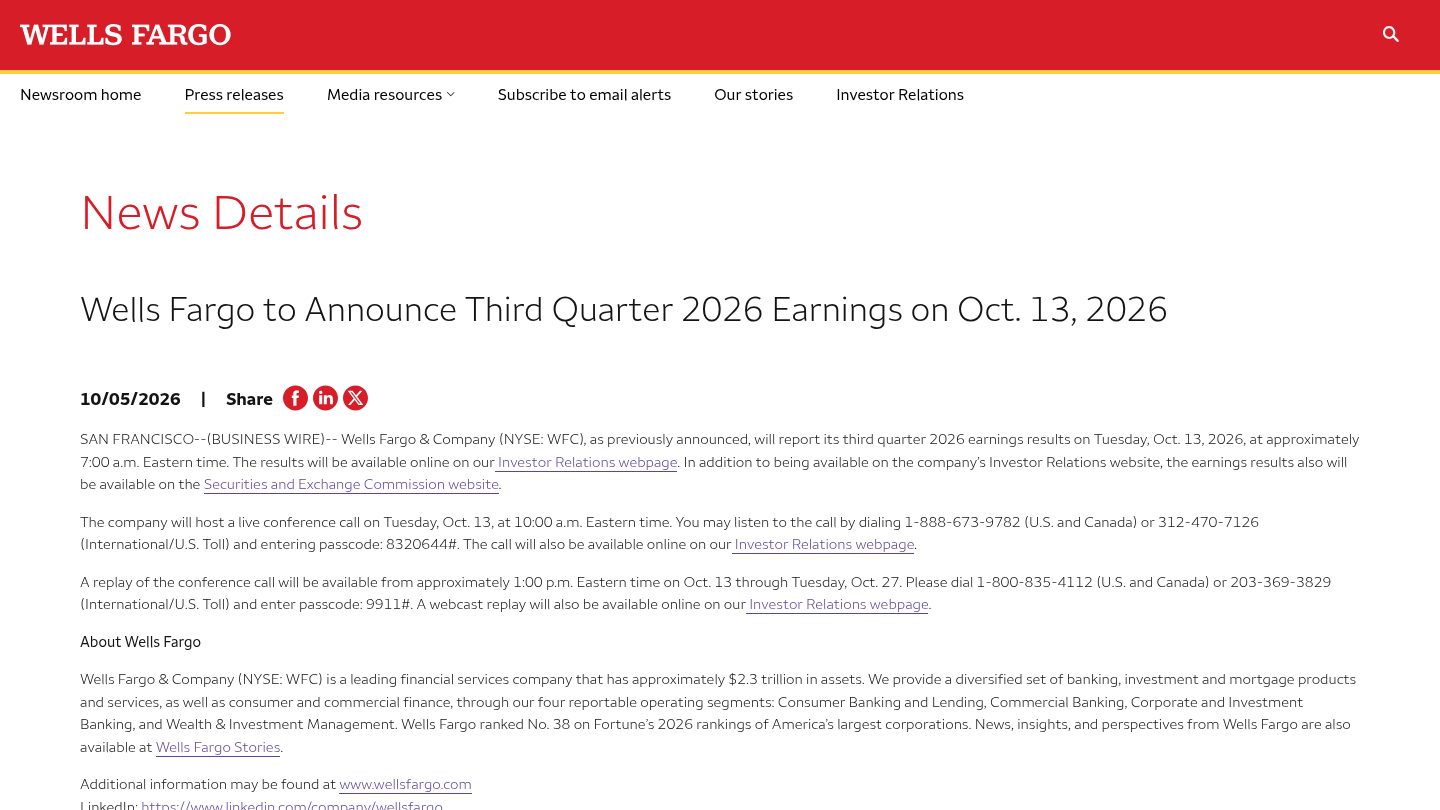 Wells Fargo to Announce Third Quarter 2026 Earnings on Oct. 13, 2026