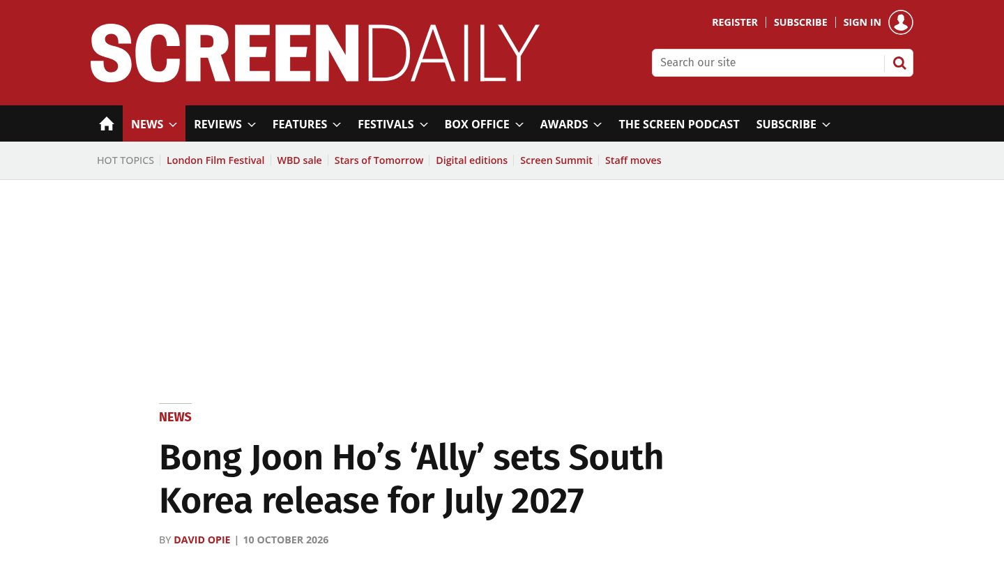 Bong Joon Ho's 'Ally' sets South Korea release for July 2027