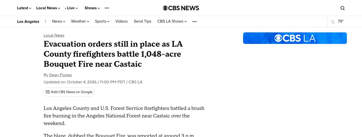 Evacuation orders still in place as LA County firefighters battle 1,048-acre Bouquet Fire near Castaic