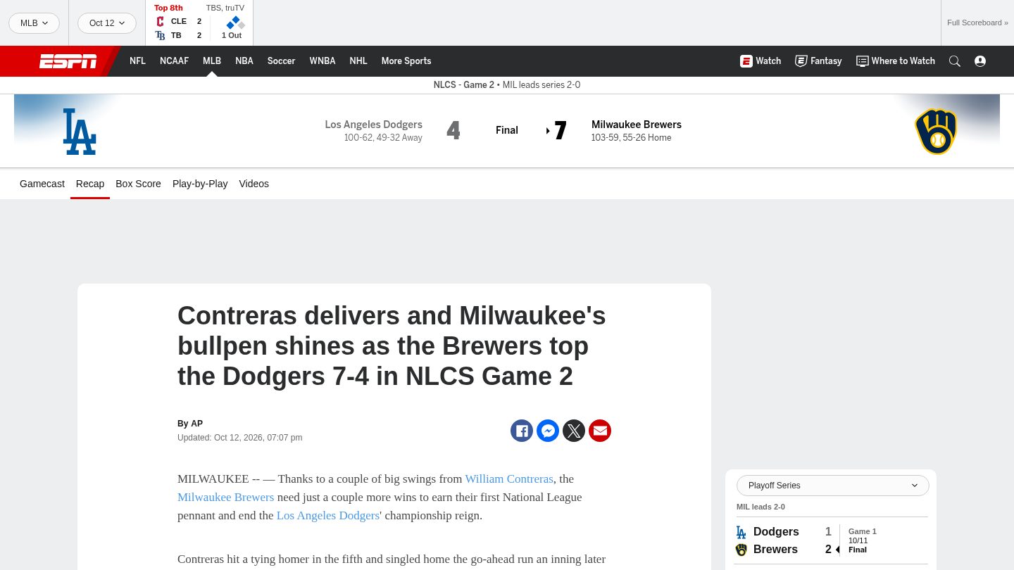 Brewers 7-4 Dodgers (Oct 12, 2026) Game Recap