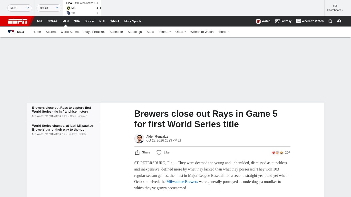 Brewers close out Rays in Game 5 for 1st World Series title