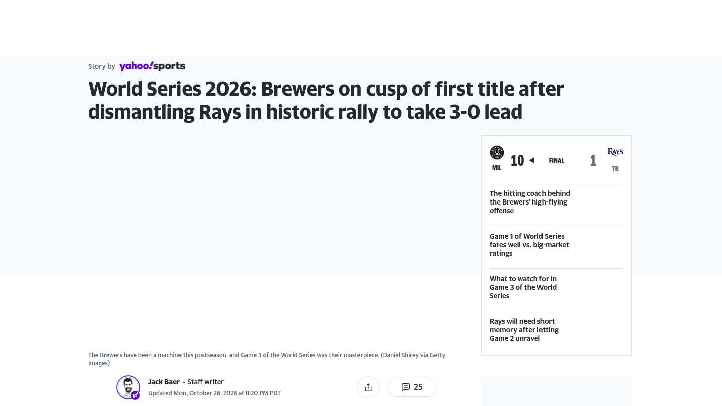 World Series 2026: Brewers on cusp of first title after dismantling Rays in historic rally to take 3-0 lead