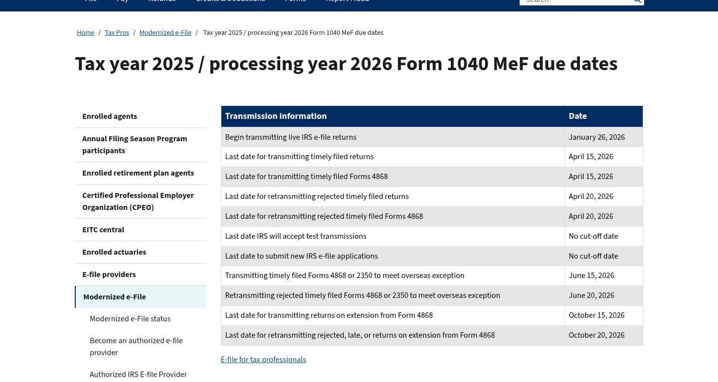Tax year 2025 / processing year 2026 Form 1040 MeF due dates