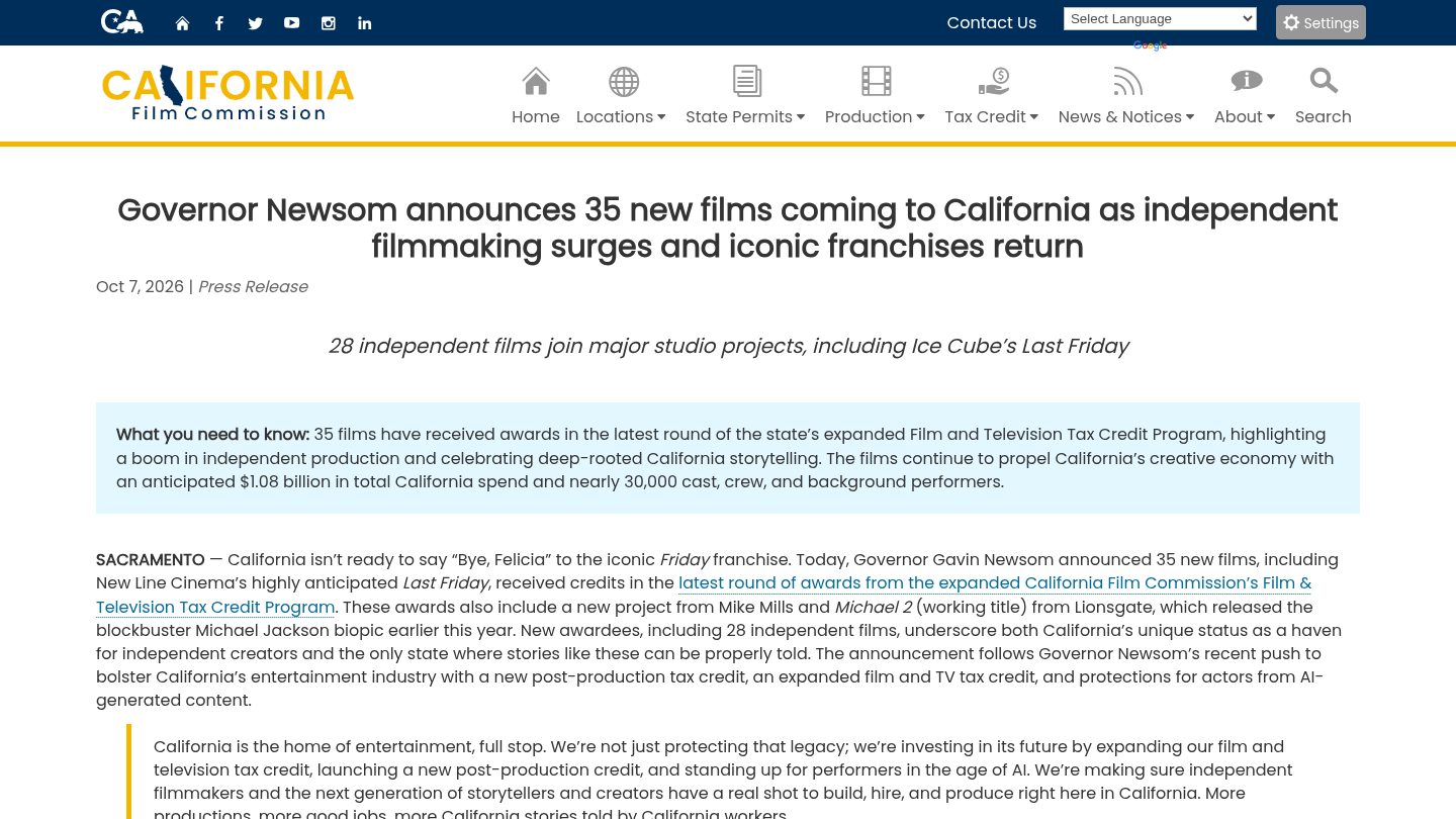 Governor Newsom announces 35 new films coming to California