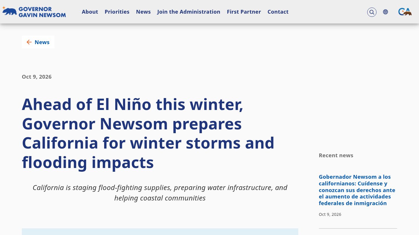 Ahead of El Niño this winter, Governor Newsom prepares California for winter storms and flooding impacts