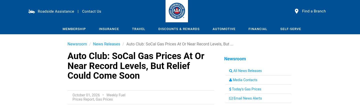 Auto Club: SoCal Gas Prices At Or Near Record Levels, But Relief Could Come Soon