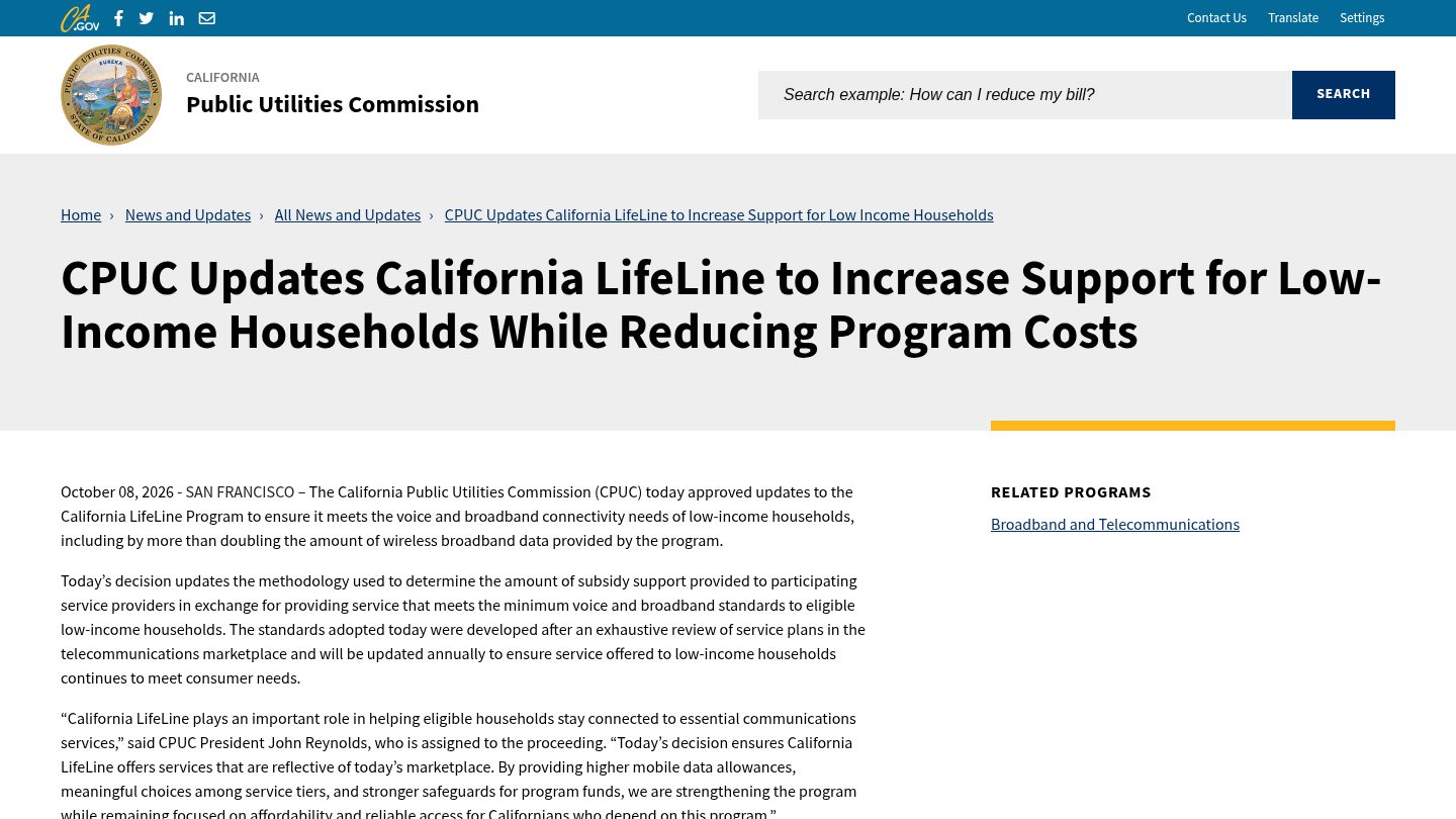 CPUC Updates California LifeLine to Increase Support for Low-Income Households While Reducing Program Costs