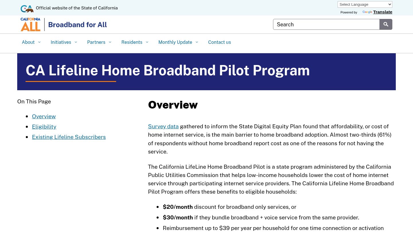 CA Lifeline Home Broadband Pilot Program