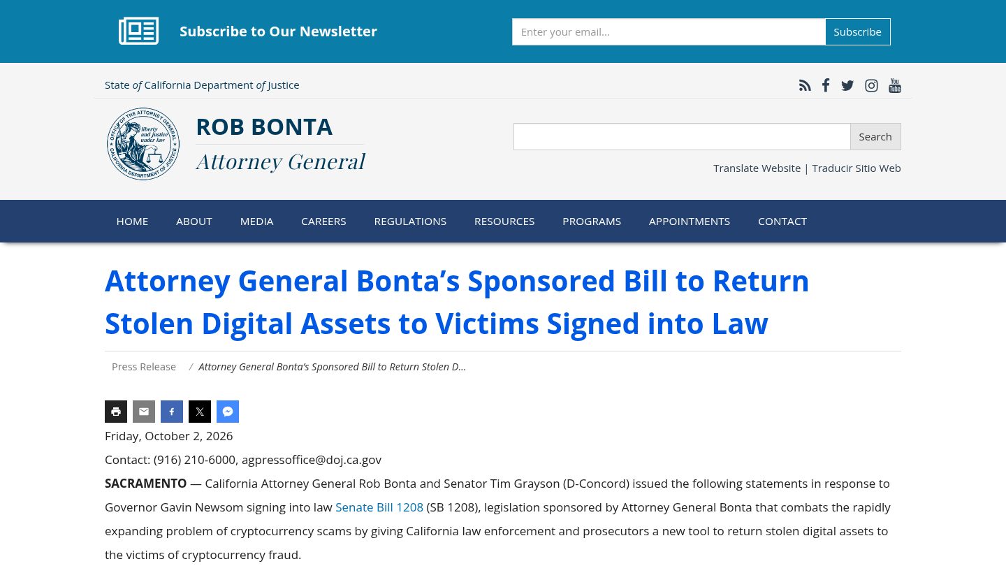 Attorney General Bonta’s Sponsored Bill to Return Stolen Digital Assets to Victims Signed into Law
