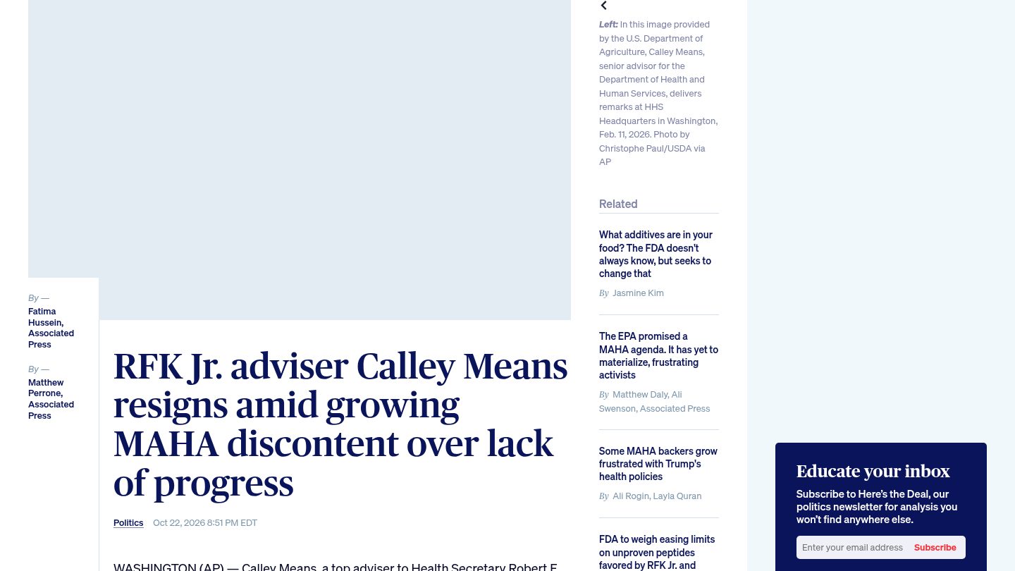 RFK Jr. Adviser Calley Means resigns(MAHA dis凝)