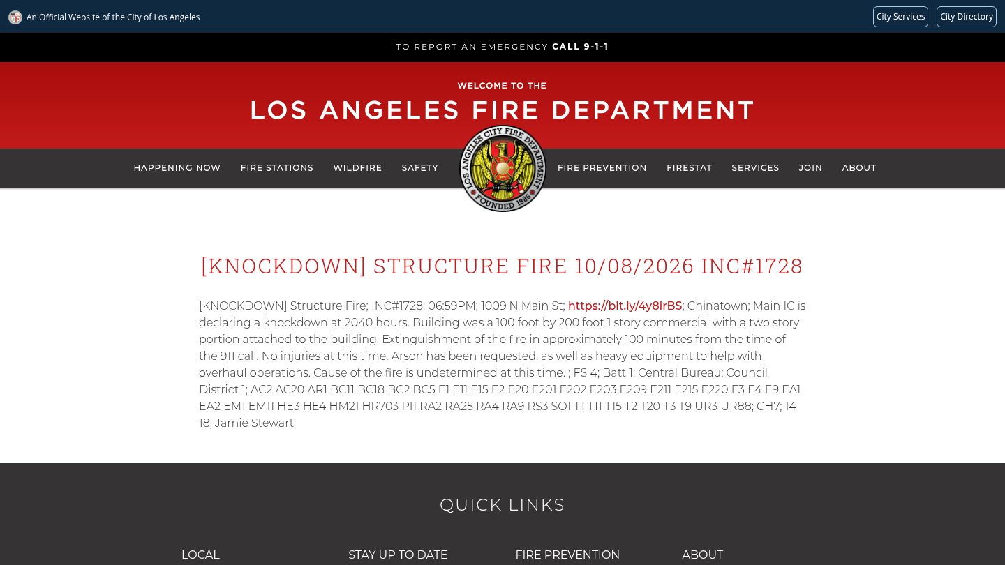 [KNOCKDOWN] Structure Fire 10/08/2026 INC#1728