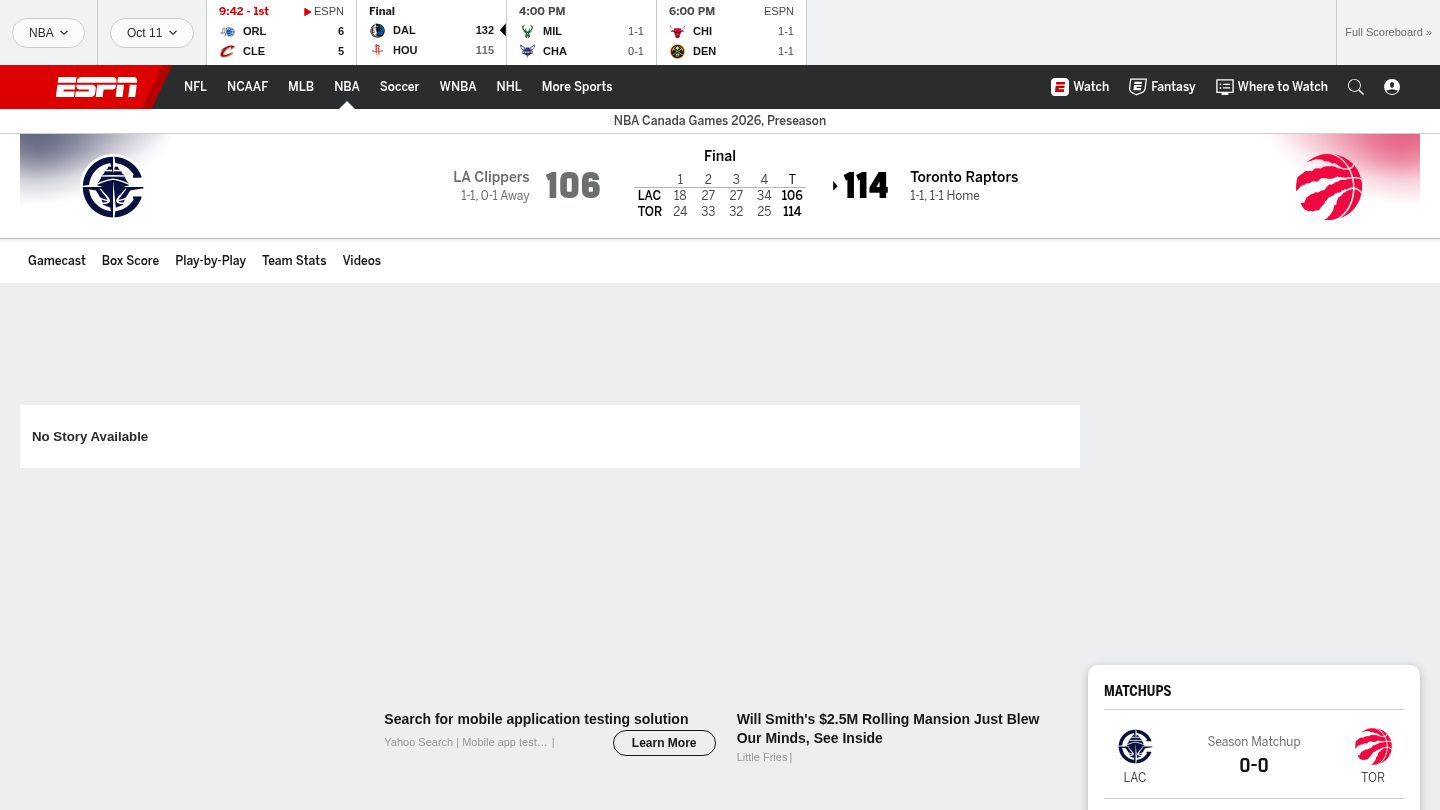 Raptors 114-106 Clippers (Oct 10, 2026) Game Recap