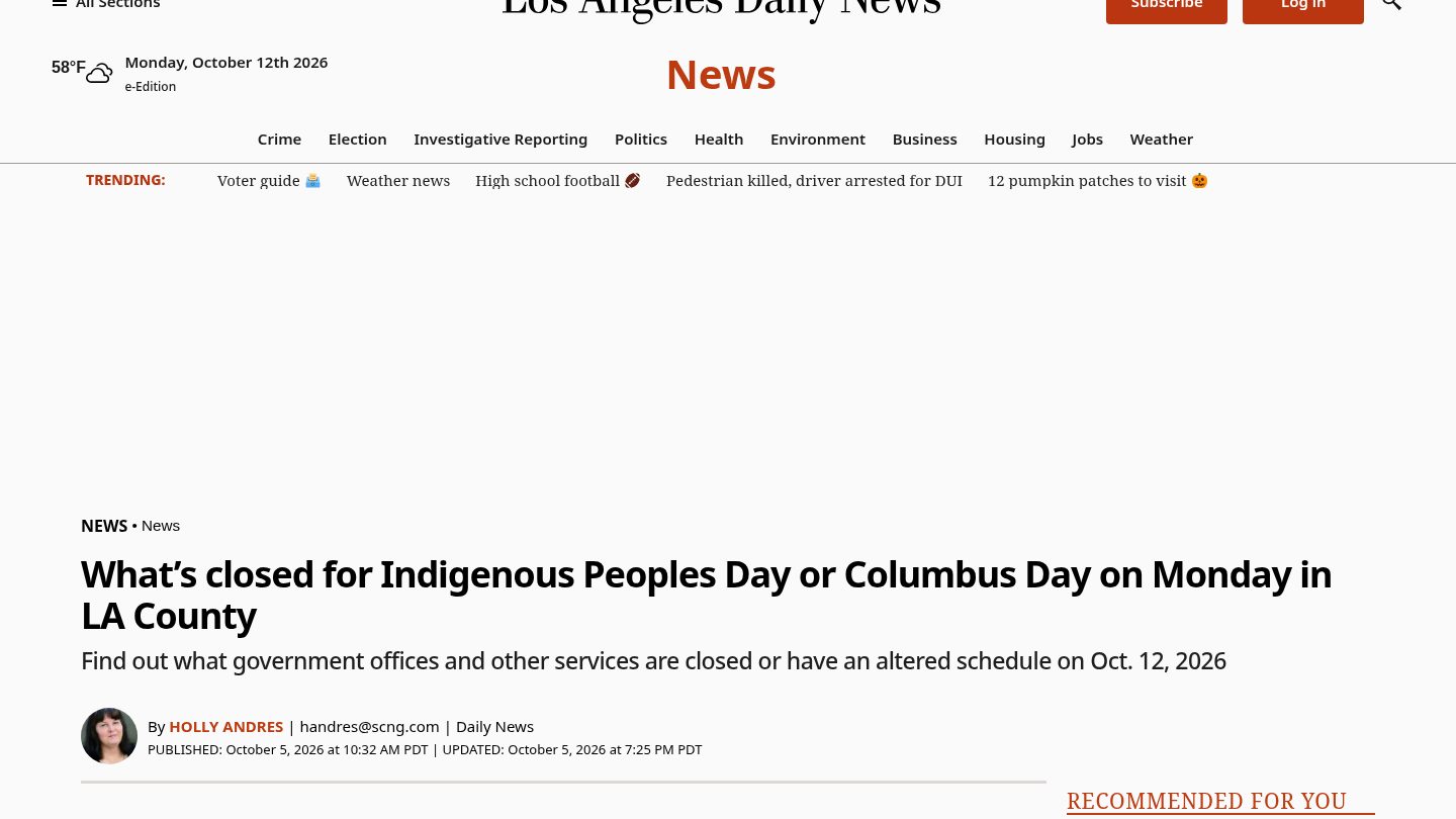 What's closed for Indigenous Peoples Day or Columbus Day on Monday in LA County