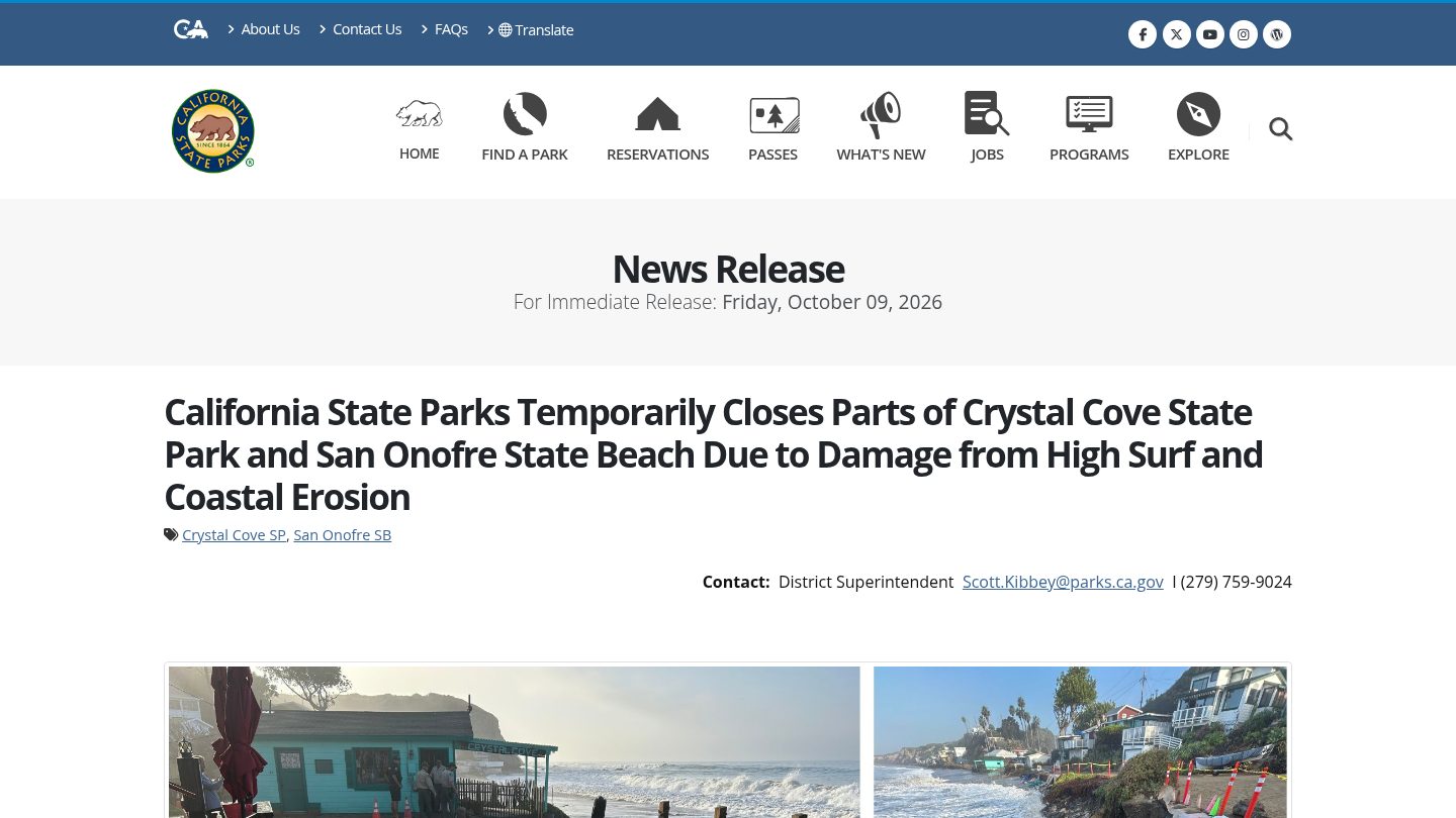 California State Parks Temporarily Closes Parts of Crystal Cove State Park and San Onofre State Beach Due to Damage from High Surf and Coastal Erosion