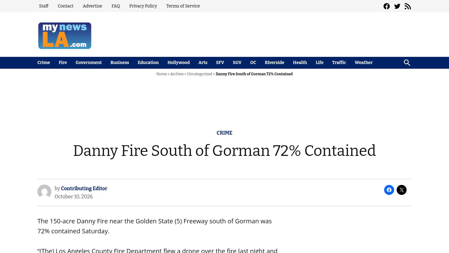 Danny Fire South of Gorman 72% Contained