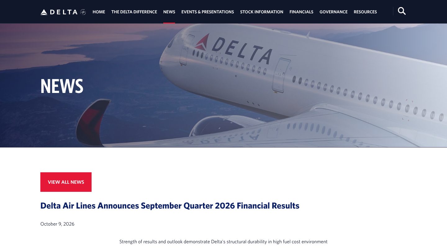 Delta Air Lines Announces September Quarter 2026 Financial Results