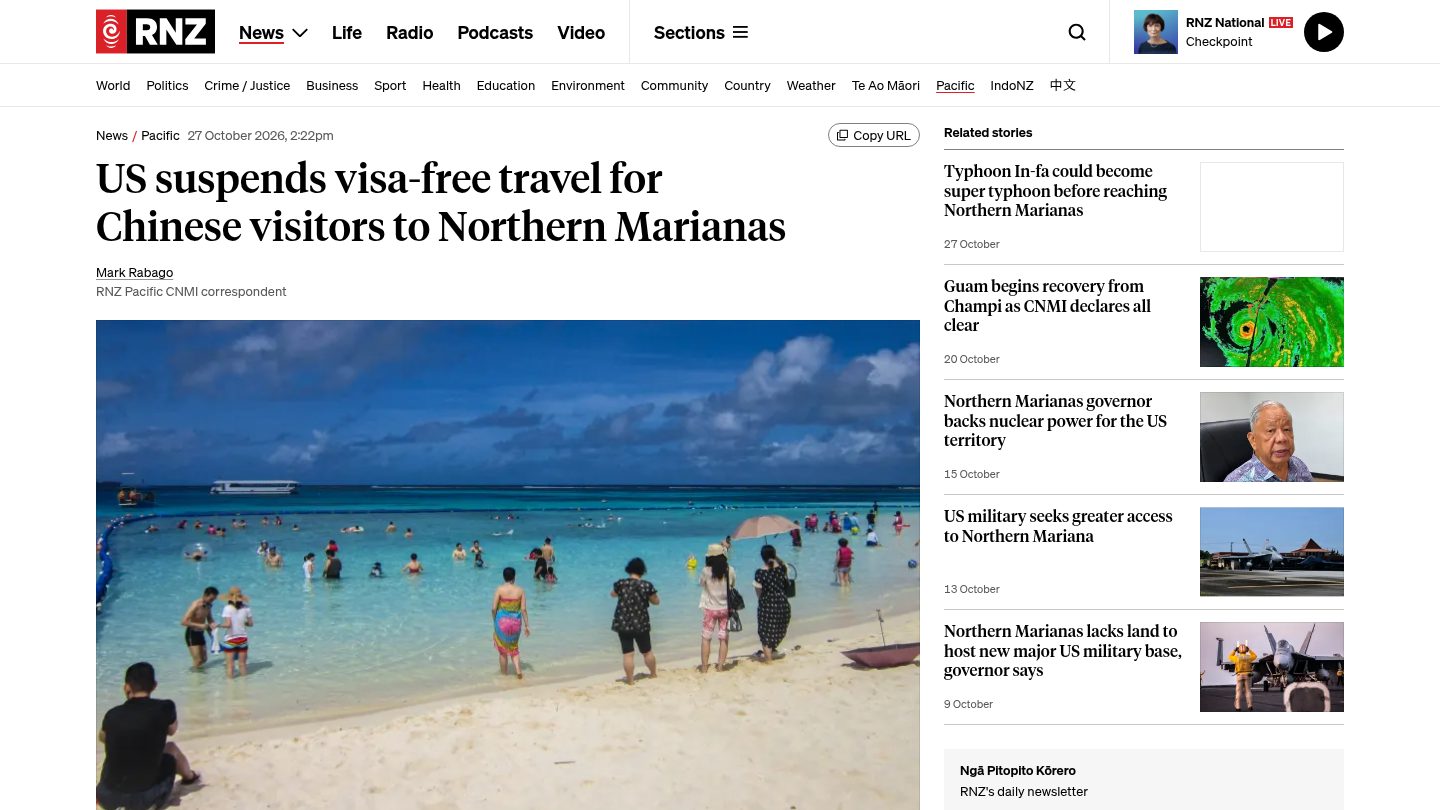 US suspends visa-free travel for Chinese visitors to Northern Marianas
