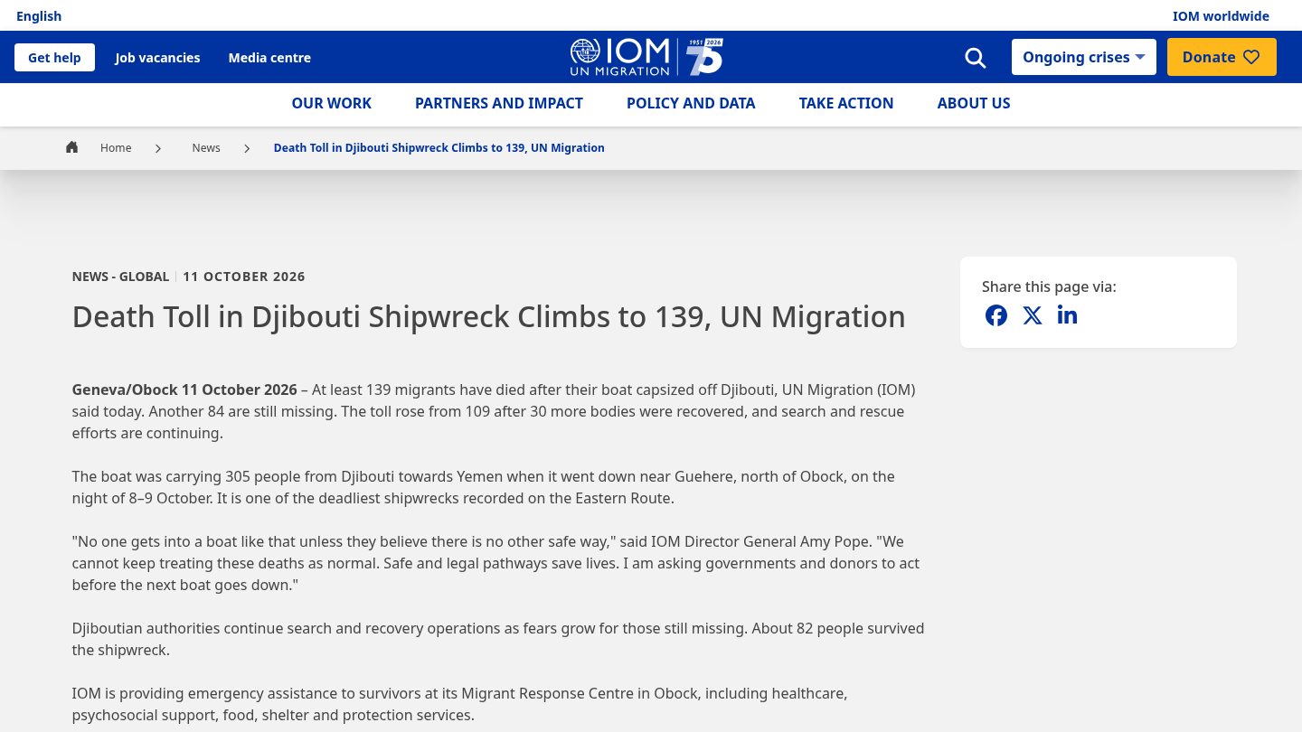 Death Toll in Djibouti Shipwreck Climbs to 139, UN Migration