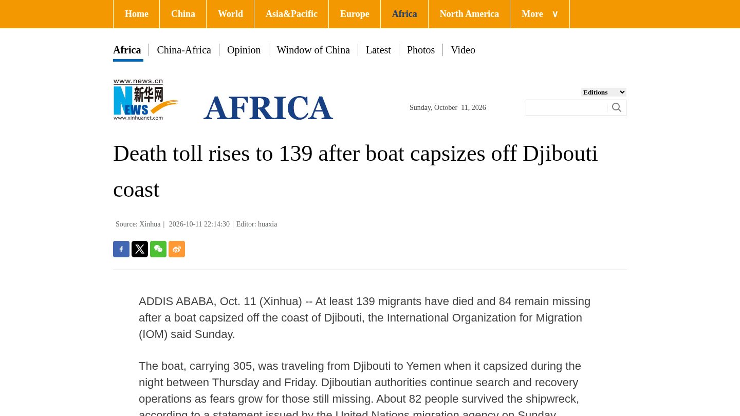 Death toll rises to 139 after boat capsizes off Djibouti coast