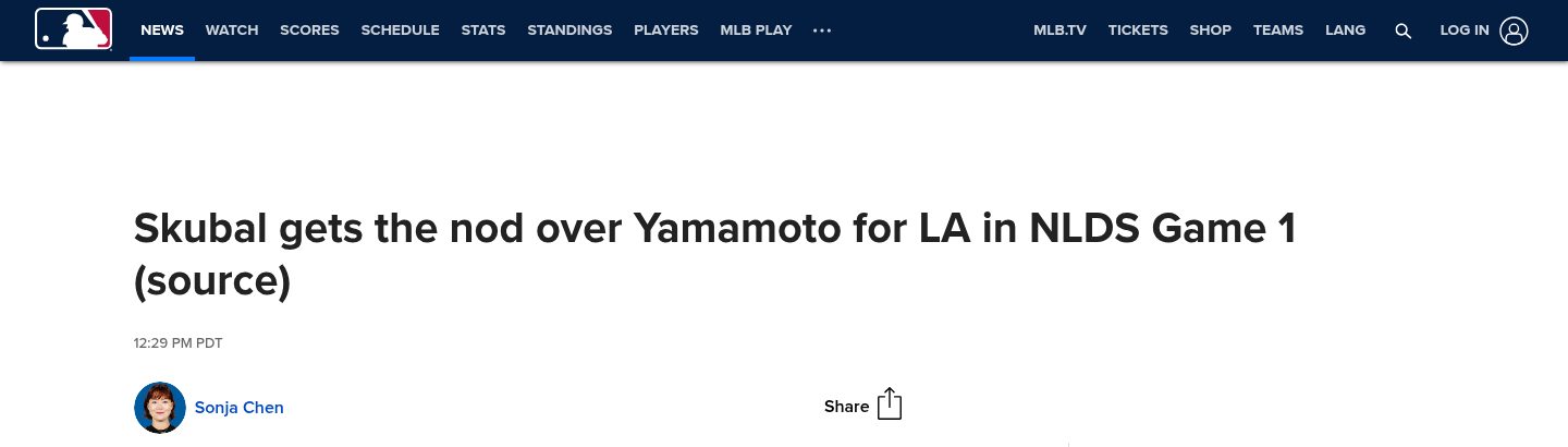 Skubal gets the nod over Yamamoto for LA in NLDS Game 1 (source)