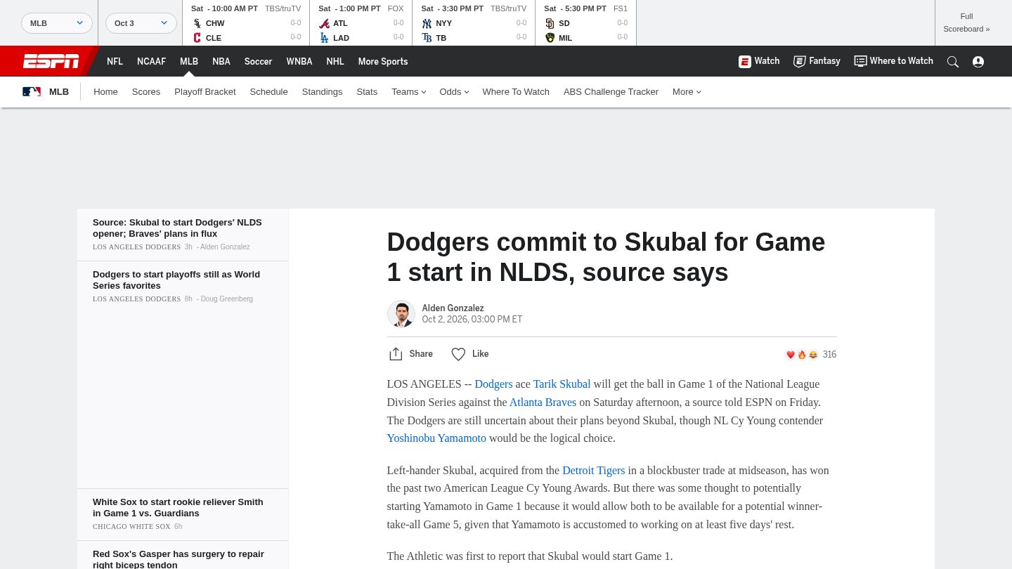 Dodgers commit to Skubal for Game 1 start in NLDS, source says