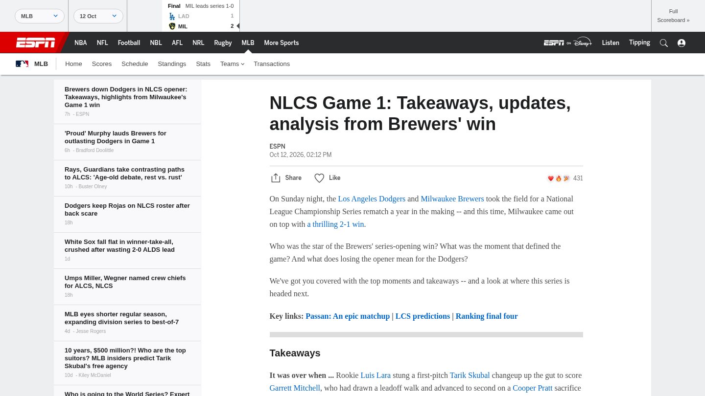Takeaways, updates, analysis from Brewers' Game 1 win