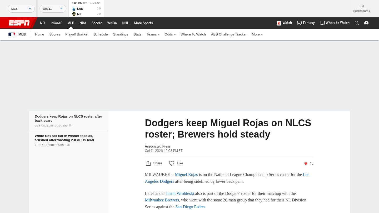 Dodgers keep Miguel Rojas on NLCS roster; Brewers hold steady